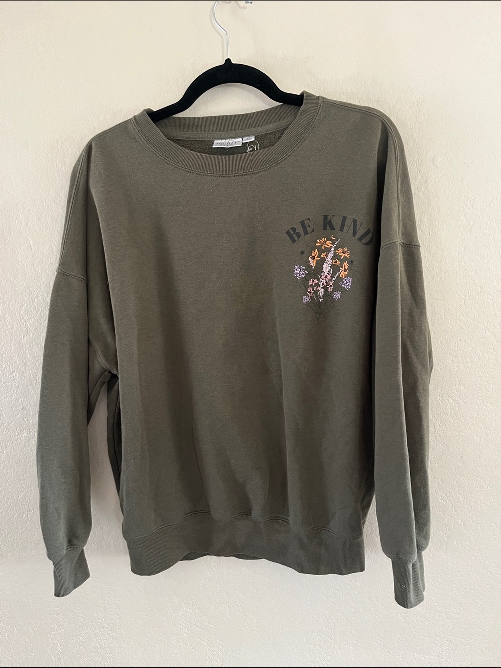 Mighty Fine Olive Green 'Be Kind' Floral Crewneck